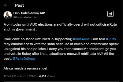 Part of the statement shared by MP Caleb Amisi on Monday February 10, 2025. PHOTO/ Screengrab by PD Digital/@Honcalebamisi/X