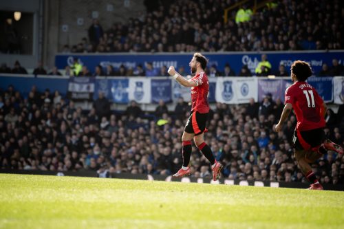Manchester United player Bruno Fernandes celebrates after scoring a goal against Everton on February 22, 2025. PHOTO/@ManUtd/X