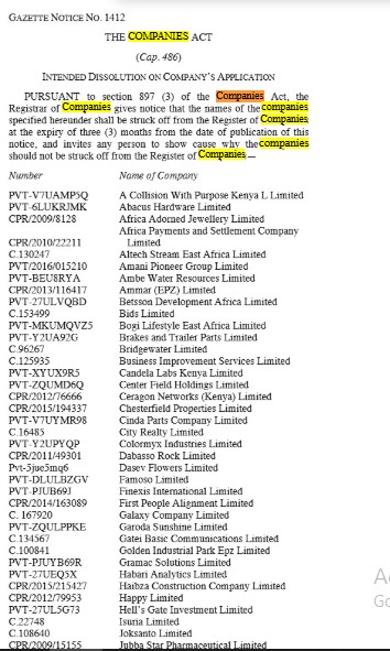 Part of the gazette notice showing the listed firms set for dissolution. PHOTO/ Screengrab by PD Digital/https://new.kenyalaw.org/akn/ke/officialGazette/2025-02-07/25/eng@2025-02-07
