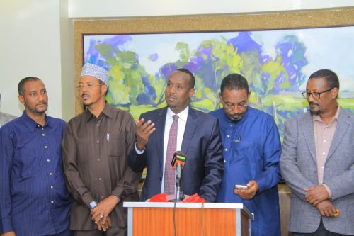 Eldas MP Aldan Keynan (left) and Wajir South MP Mohamed Adow (center) with members of the North Eastern Parliamentary Group during a previous meeting. PHOTO/@HonAdanKeynan/X