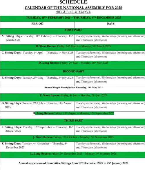 National Assembly calendar for 2025. PHOTO/@NAssemblyKE/X