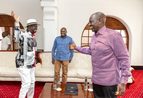 President William Ruto and Former Prime Minister Raila Odinga at State House in Mombasa county. PHOTO/@KIMANIICHUNGWA/X