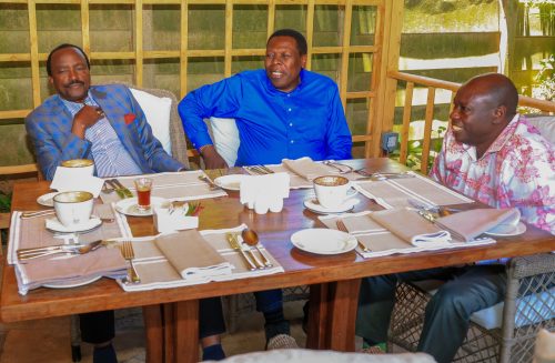 Wiper party leader Kalonzo Musyoka and DAP-K party leader Eugene Wamalwa during their meeting with former Deputy President Rigathi Gachagua on Wednesday, February 19, 2025. PHOTO/@skmusyoka/X