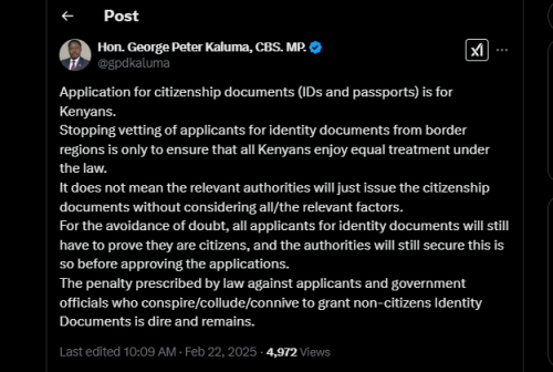 A post made by Peter Kaluma on Saturday, February 22, 2025, on X. PHOTO/Screengrab by People Daily Digital from @gpdkaluma