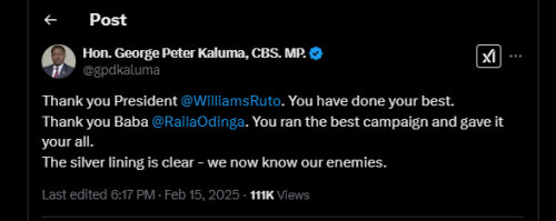 A post made by MP Kaluma on Saturday, February 15, 2025, on X. PHOTO/Screengrab by PD Digital from @gpdkaluma