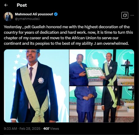 A statement shared by Mahmoud Ali Youssouf, the newly elected Chairperson of the African Union Commission (AUC), on Friday, February 28, 2025. PHOTO/Screengrab by PD Digital/@ymahmoudali/X