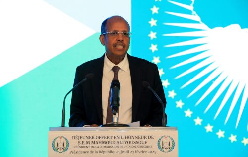 AUC Chairperson Mahoud Ali Youssouf speaking on Thursday February 27, 2025. PHOTO/https://www.facebook.com/PAGEOFFICIELLEIOG