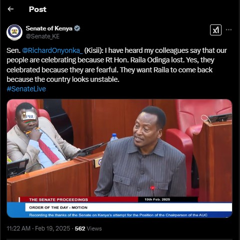 A statement shared by Senate showing Senator Richard Onyonka's remarks on Wednesday February 19, 2025. PHOTO/Screengrab by PD Digital/@Senate_KE/X