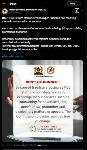 A notice shared by PSC on Sunday February 23, 2025. PHOTO/Screengrab by PD Digital/@PSCKenya/X