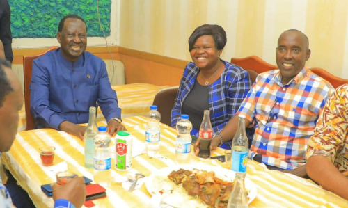 Gladys Wanga with Raila Odinga during a luncheon in Addis Ababa. PHOT/@GladysWanga/X.