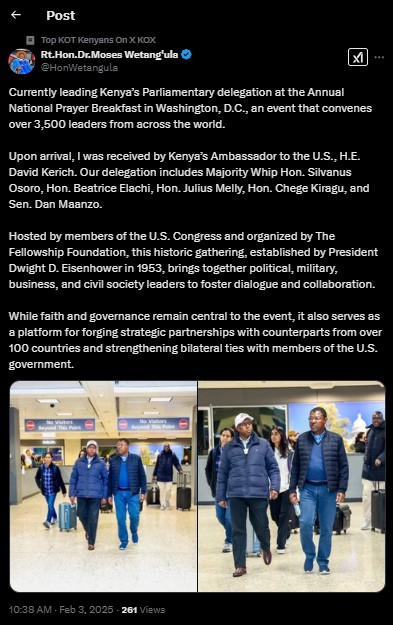 A statement shared by Speaker of the National Assembly Moses Wetang'ula confirming the trip to the US on Monday February 3, 2025. PHOTO/Screengrab by PD Digital/ @HonWetangula/X