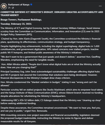 Statement shared by Parliament of Kenya on Tuesday February 25, 2025. PHOTO/https://web.facebook.com/ParliamentKE