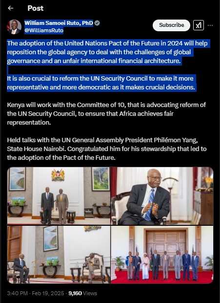 A statement shared by President William Ruto on Wednesday February 19, 2025. PHOTO/Screengrab by PD Digital/@WilliamsRuto/X
