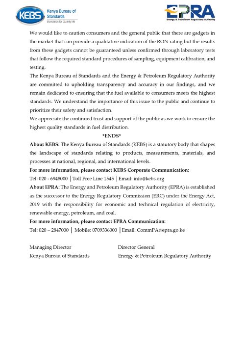 EPRA statement on furl quality. PHOTO/@EPRA_Ke/X