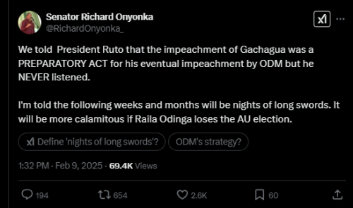 A post made by Senator Richard Onyonka on Sunday, February 9, 2025, on X. PHOTO/Screengrab by K24 Digital from @RichardOnyonka_
