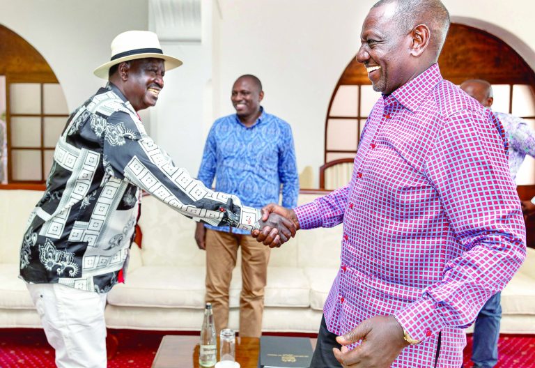 President William Ruto and Former Prime Minister Raila Odinga at State House in Mombasa county.
They reflected on Kenya’s just-ended bid for the African Union Commission chairperson position. PHOTO/HIRAM OMONDI/PCS