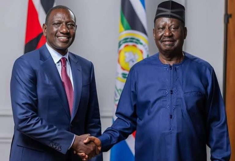President William Ruto with Raila Odinga. PHOTO/@scherargei/X