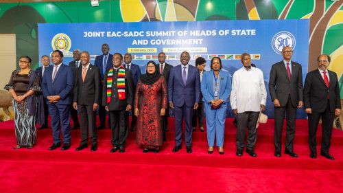 EAC and SADC heads of state pose for a photo during the EAC-SADC Joint Summit in Tanzania. PHOTO/@WilliamsRuto/X