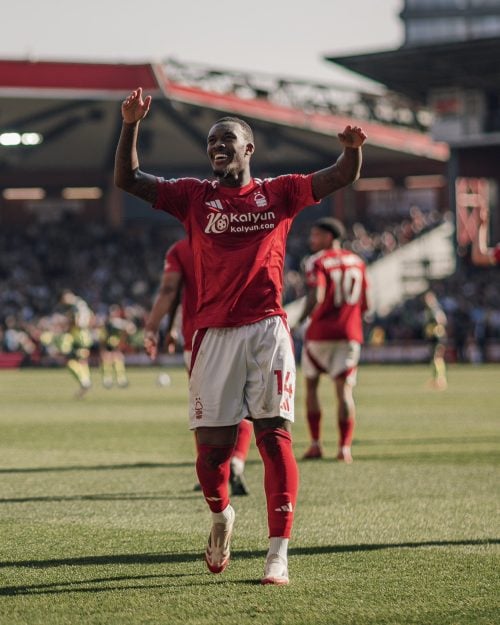 Nottingham Forest Callum Hudson-Odoi celebrates after a crucial Premier League victory over fellow Champions League hopefuls Manchester City at the City Ground on March 8, 2025. PHOTO/@NFFC/X