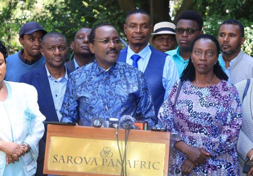 Wiper leader Kalonzo Musyoka and PLP party leader Martha Karua addressing a press conference on Friday, March 14, 2025, after meeting the Association of Kenya Railways Retirees (AKERARE). PHOTO/@skmusyoka/X