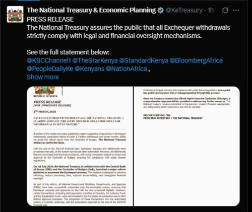 A post shared by the National Treasury on Sunday, March 2, 2025, on X. PHOTO/Screengrab by PD Digital from @KeTreasury