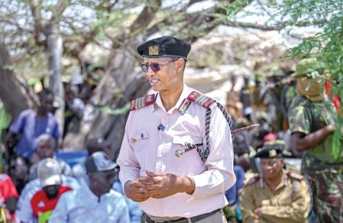 Rift Valley Regional Coordinator Abdi Hassan speaks during a security meeting at Todonyang in Turkana County last week. PHOTO/Wycliff Kipsang 