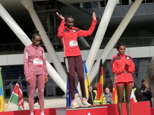 Agnes Ngetich on the podium after winning the race. PHOTO/@OlympicsKe/X