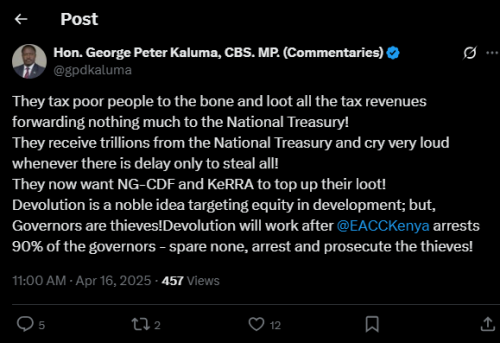 A post shared by Peter Kaluma on Wednesday, April 16, 2025, on X. PHOTO/Screengrab by PD Digital from @gpdkaluma