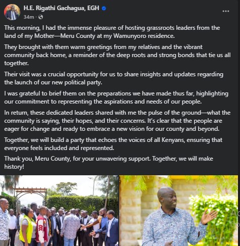 Part of the statement shared by former Deputy President Rigathi Gachagua on Saturday April 19, 2025. PHOTO/Screengrab by PD Digital/https://web.facebook.com/DPGachagua
