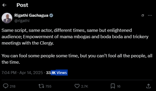 A post shared by impeached DP Rigathi Gachagua on X. PHOTO/Screengrab by PD Digital from @rigathi