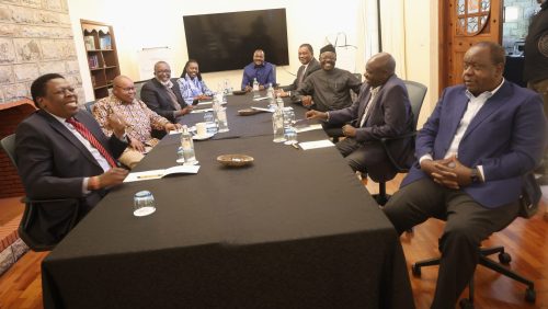 Former Interior CS Fred Matiang’i, former DP Rigathi Gachagua, People’s Liberation Party leader Martha Karua, Democratic Action Party leader Eugene Wamalwa, former Public Service CS Justin Muturi, former Agriculture CS Mintika Linturi, Mukhisa Kitui and Maore Maoka after the meeting on Tuesday, April 29, 2025. PHOTO/@DAP_Kenya /X
