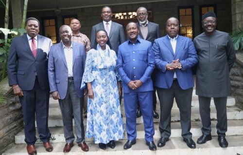 Former Interior CS Fred Matiang’i, former DP Rigathi Gachagua, People’s Liberation Party leader Martha Karua, Democratic Action Party leader Eugene Wamalwa, former Public Service CS Justin Muturi, former Agriculture CS Mintika Linturi, Mukhisa Kitui and Maore Maoka after the meeting on Tuesday, April 29, 2025. PHOTO/@DAP_Kenya /X