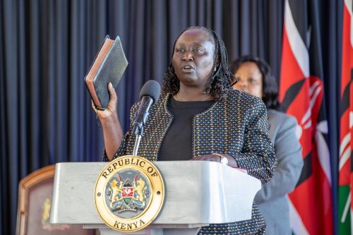 Hanna Cheptumo takes the oath of office as the new CS for Public Service. PHOTO/@K24Tv/X