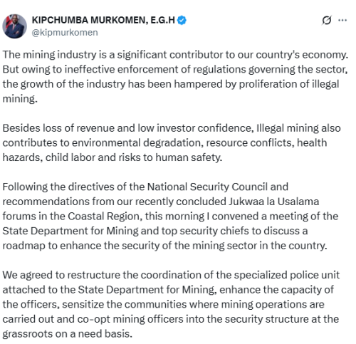 Statement by CS Kipchumba Murkomen over safety in the mining sector. PHOTO/A screengrab by People Daily Digital from a post by @kipmurkomen on X