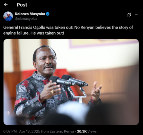 A post shared by Wiper Party leader Kalonzo Musyoka on Sunday, April 13, 2025, on his X account. PHOTO/Screengrab by PD Digital from @skmusyoka
