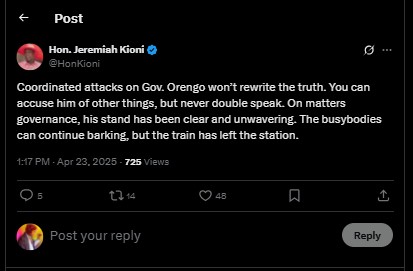 A statement shared by Jeremiah Kioni on Wednesday April 23, 2025. PHOTO/ Screengrab by PD Digital/@HonKioni/X