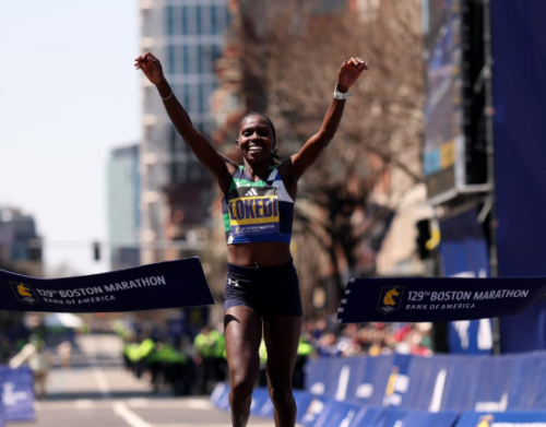 Sharon Lokedi during the Boston Marathon, a World Athletics Platinum Label road race. PHOTO/@kipmurkomen/X