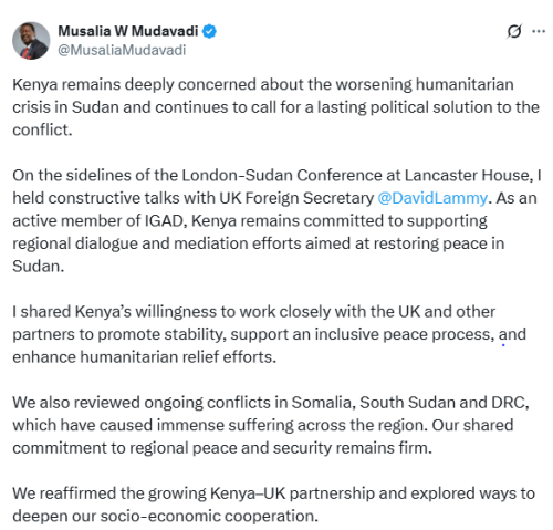 Musalia Mudavadi's statement on regional conflicts. PHOTO/A screengrab by People Daily Digital from X post by https://x.com/MusaliaMudavadi