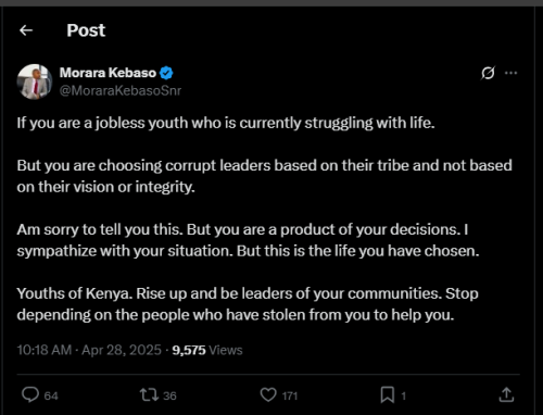 A post shared by Morara Kebaso on Monday, April 28, 2025, on X. PHOTO/PD Digital from @MoraraKebasoSnr