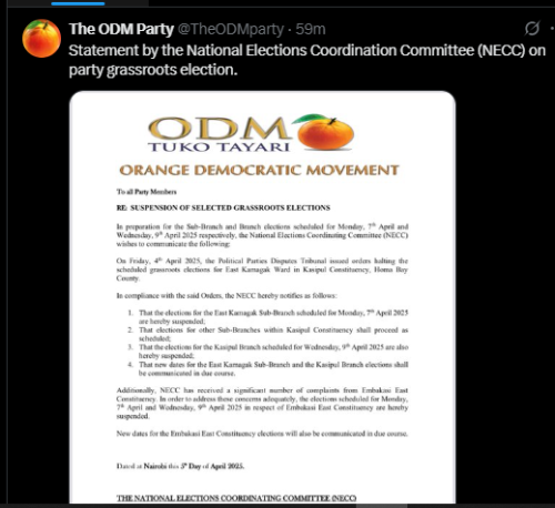 A statement shared by ODM on Saturday, April 5, 2025, on X. PHOTO/Screengrab by PD Digital from @TheODMparty
