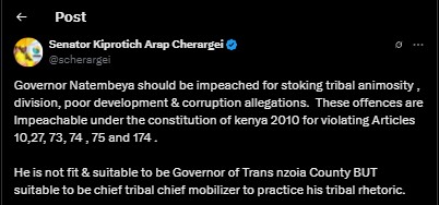 Part of the statement shared by Senator Cherargei on Monday April 14, 2025. PHOTO/Screengrab by PD Digital/@scherargei/X