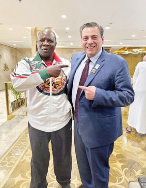 KPBC President Reuben Ndolo poses for a snap with his WBC counterpart Mauricio Sulaiman last weekend in Riyadh, Saudi Arabia. PHOTO/ SHADRACK ANDENGA