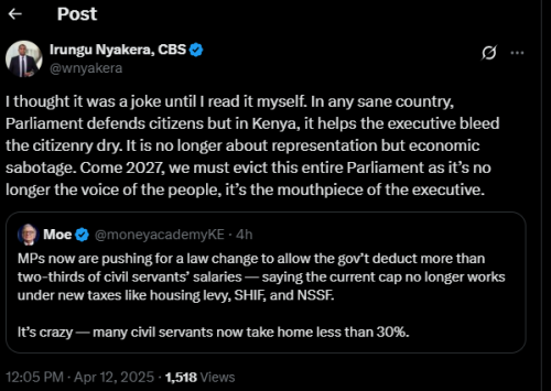 A post shared by Irungu Nyakera on Saturday, April 12, 2025, on X. PHOTO/Screengrab by PD Digital from @wnyakera
