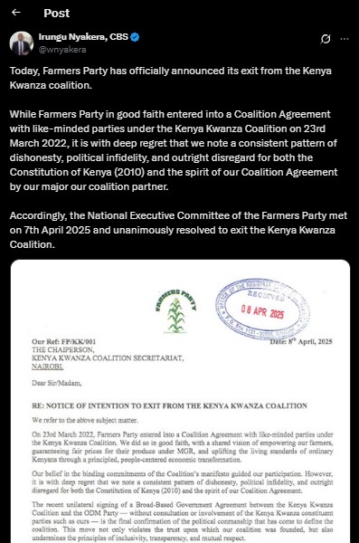 Part of the statement shared by Irungu Nyakera confirming Farmers Party decision to exit Kenya Kwanza Coalition. PHOTO/ Screengrab by PD Digital/@wnyakera/X