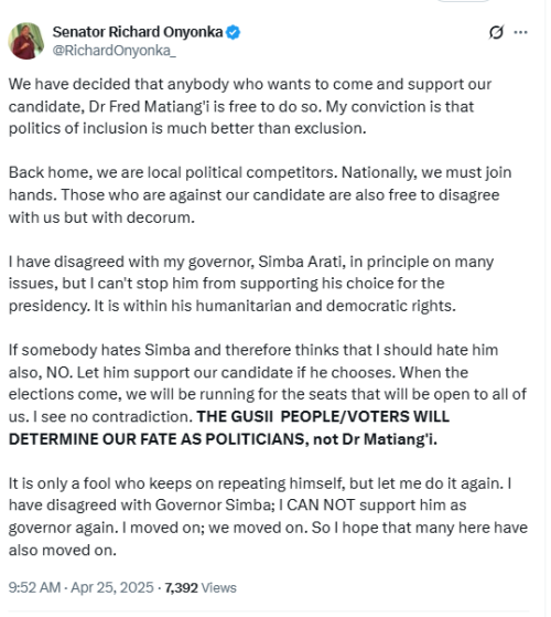 A screenshot of Kisii Senator Richard Onyonka pushing for Matiang'i's presidency. PHOTO/@RichardOnyonka_/X