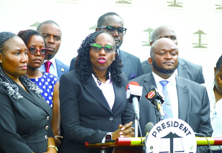 Law Society of Kenya President Faith Odhiambo (centre) at a press briefing in Nairobi yesterday where lawyers called for investigations into recent and historical extra-judicial killings by security officers. PHOTO/Philip Kamakya 