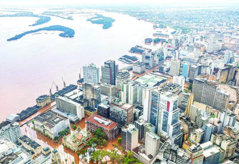 City of Porto Alegre in Brazil during the last year’s Rio Grande do Sul floods. Between April and May 2024, an estimated 181 people lost their lives as a result of the floods, which caused landslides and a dam collapse, and is considered Brazil’s worst flooding in over 80 years.  PHOTO/boell.de 