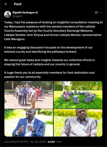 Part of the statement shared by former Deputy President Rigathi Gachagua on Monday, April 28, 2025. PHOTO/ Screengrab by PD Digital/@rigathi/X