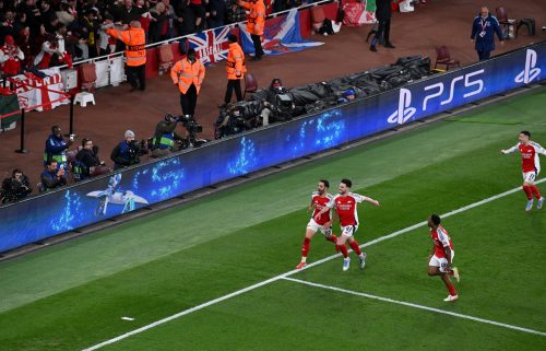 Declan Rice celebrating with teammates after scoring a freekick against Real Madrid on Tuesday April 8, 2025. PHOTO/@Arsenal/X