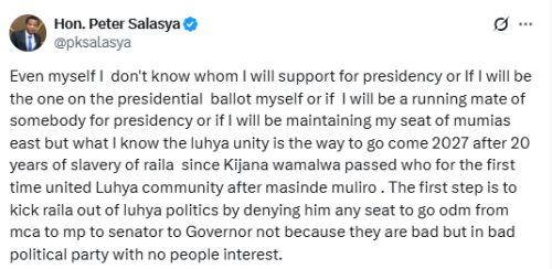 A part of Salasya’s post on X on Sunday, April 27, 2025. PHOTO/Screengrab by PD Digital from @peter_salasya